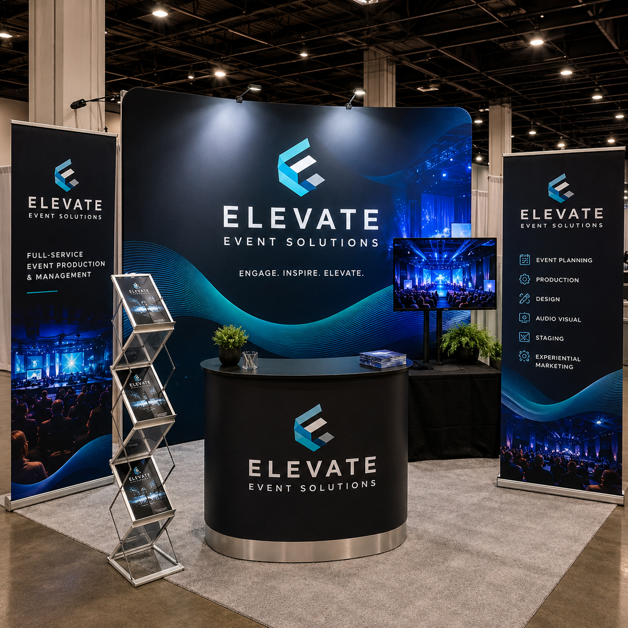 Elevate Event Solutions booth with branding and event planning equipment at a convention center.