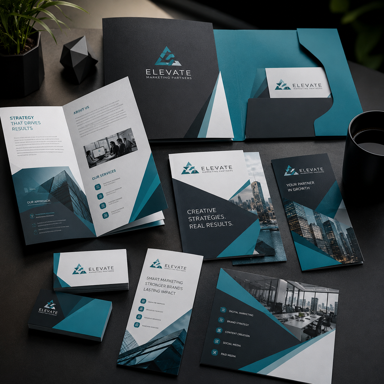Elevate Marketing Partners branding materials including brochures, business cards, and a folder on a dark surface.