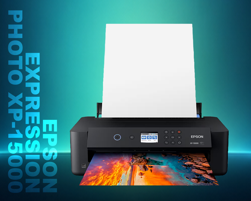 Epson Expression Photo XP-15000 printer with a print job on paper and colorful design.