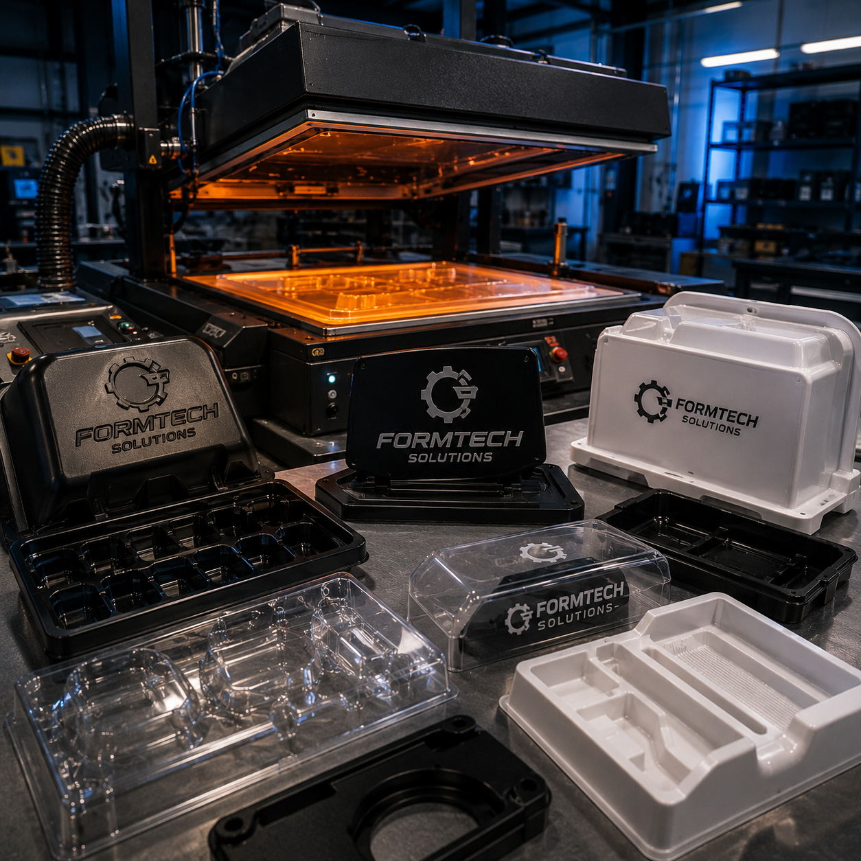 Formtech Solutions 3D printing equipment and printed parts in a workshop setting