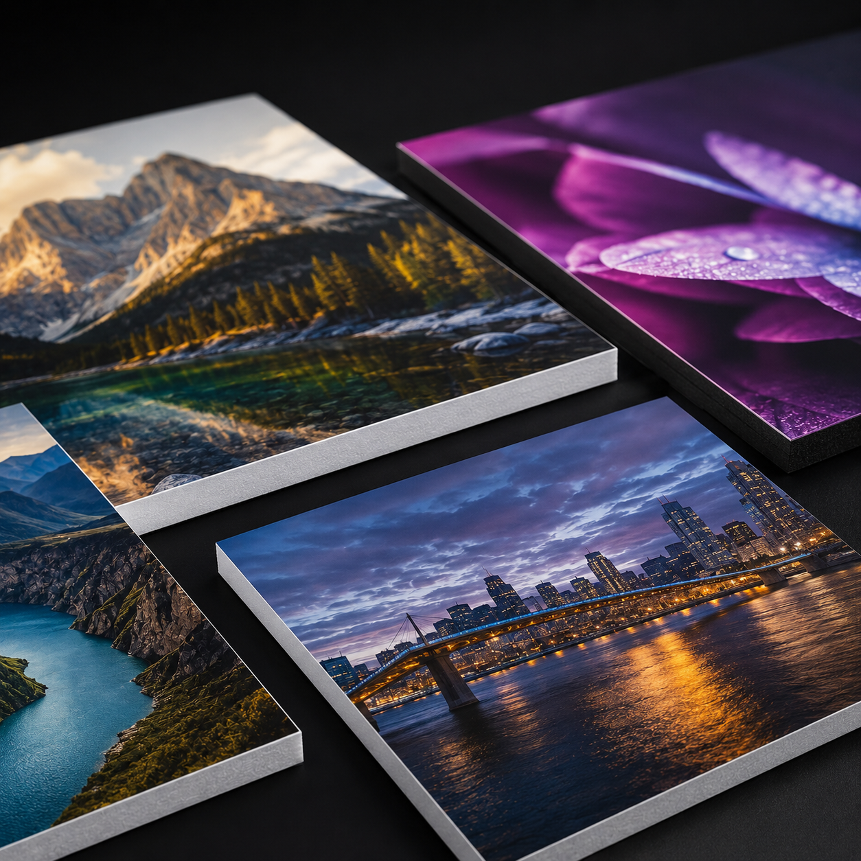 Four scenic photographs of mountains, a cityscape, a lake, and a flower on display.
