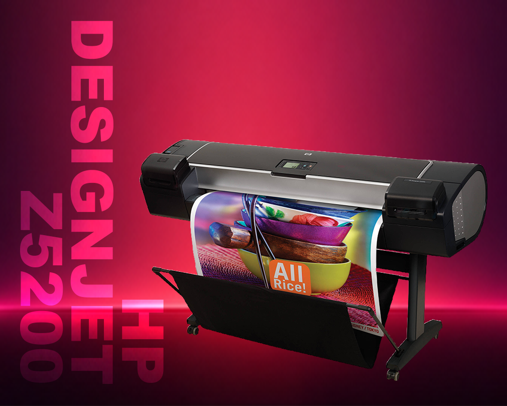HP DesignJet Z520 printer with a colorful print on a red background