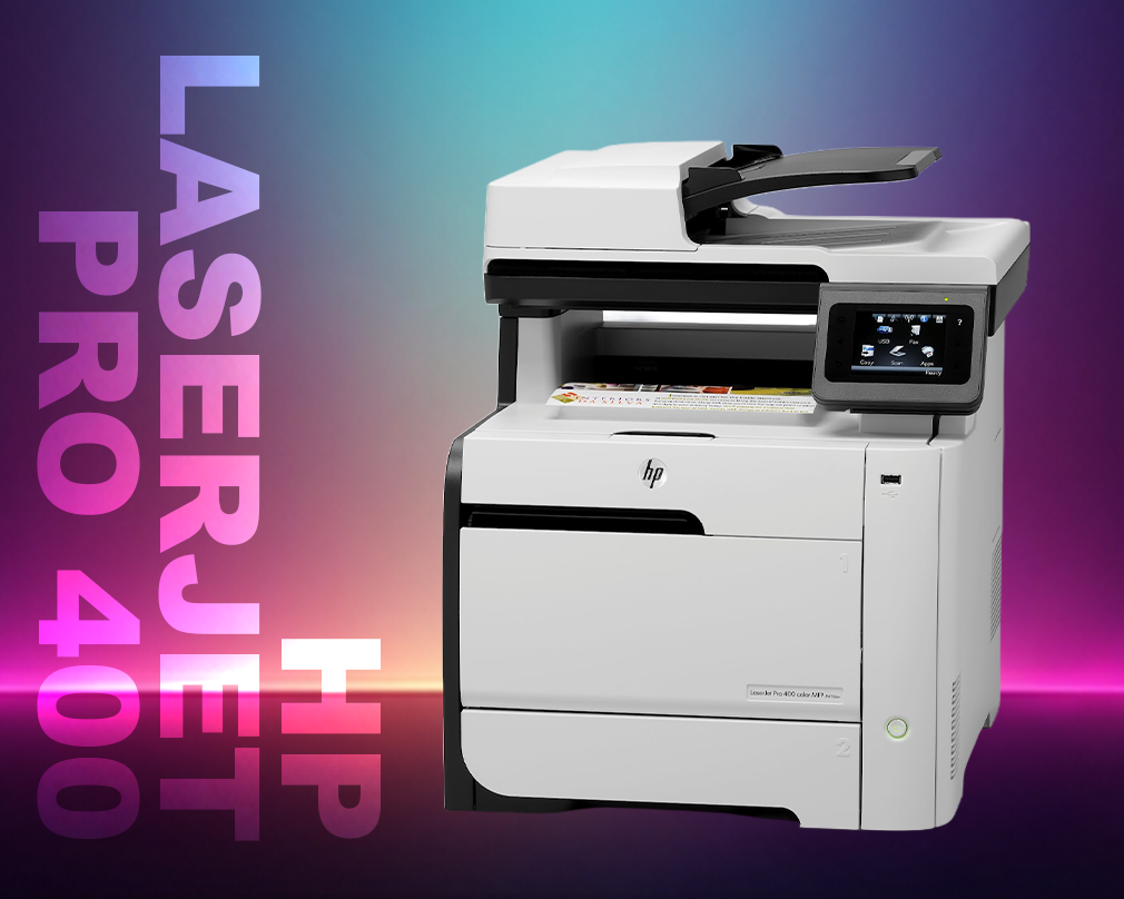 HP LaserJet Pro 40 printer on a gradient background with colorful text.