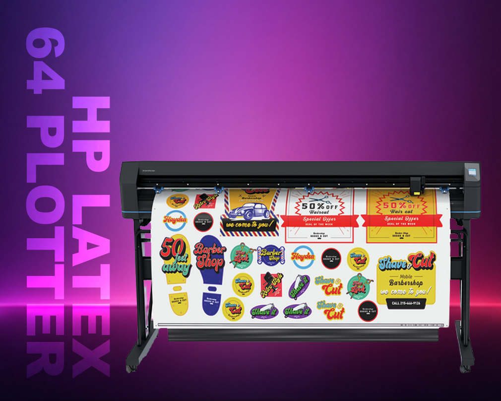 HP Latex 64 Plotter with colorful printed design on a purple background