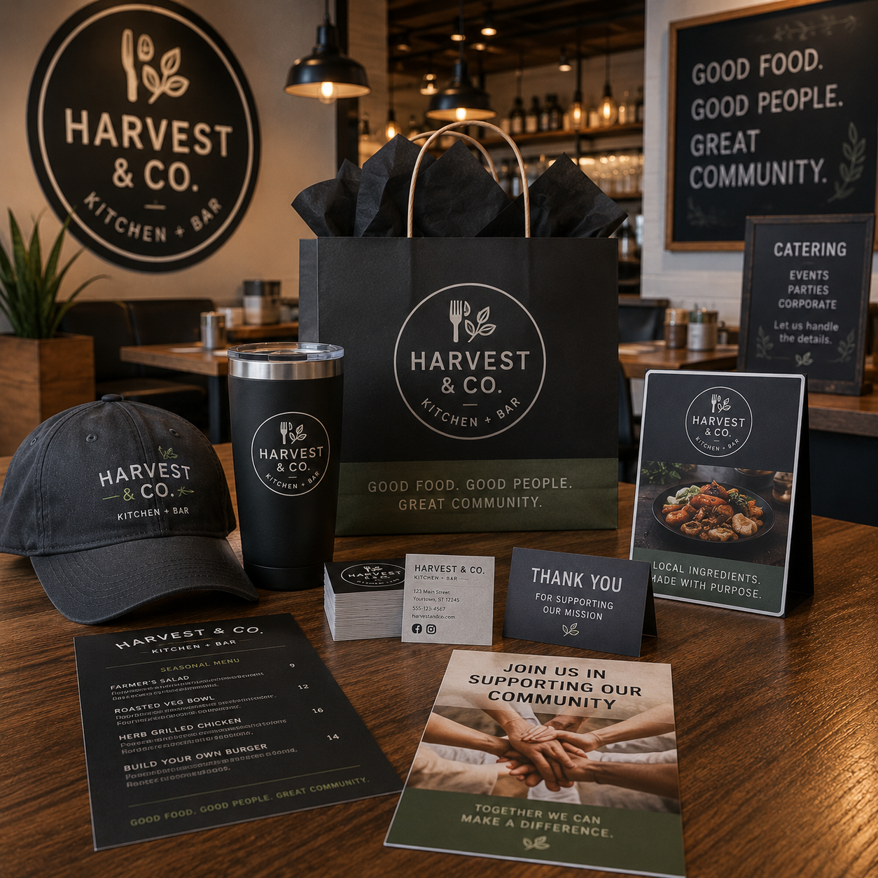 Harvest & Co. branded promotional items including a cap, tumbler, and paper products on a table.