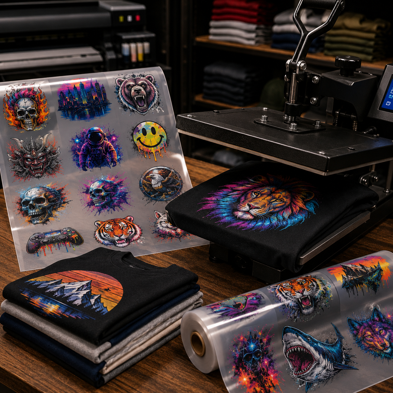 Heat press machine with printed t-shirts and design sheets on a wooden table.