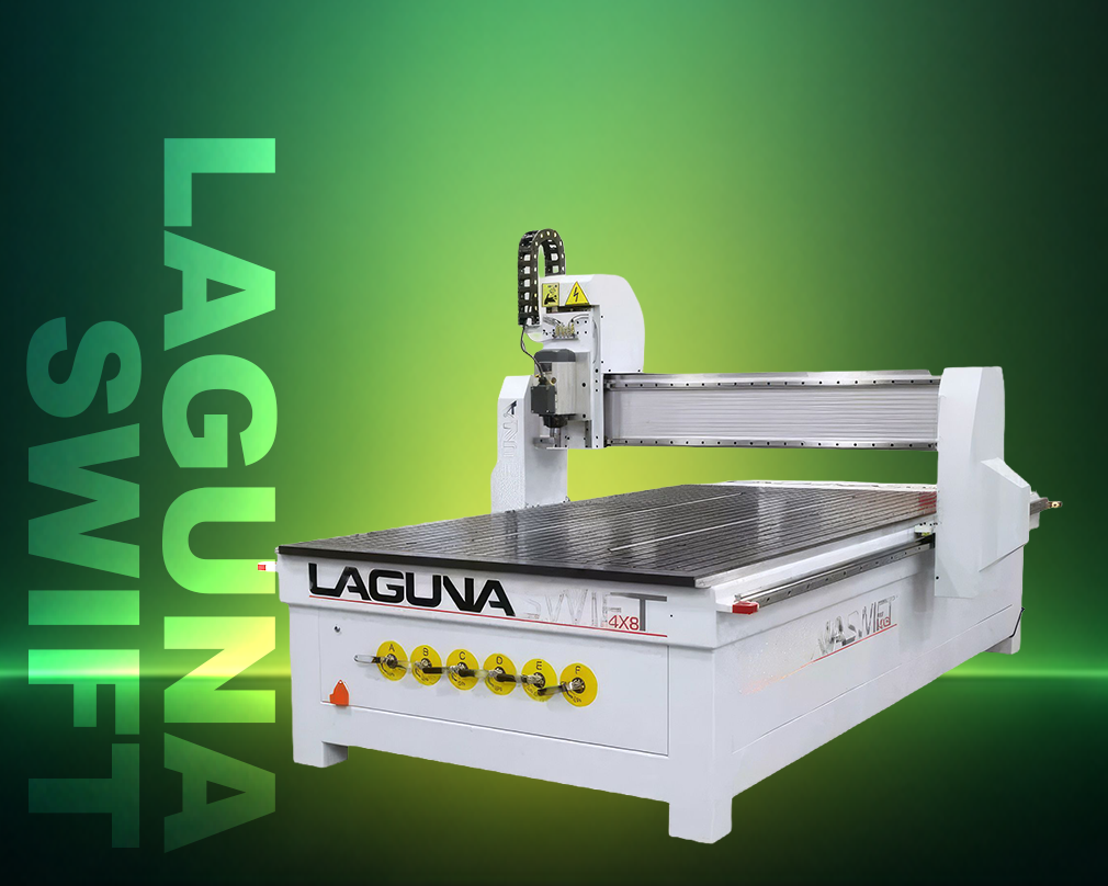 CNC machine with 'Laguna' branding on a green gradient background