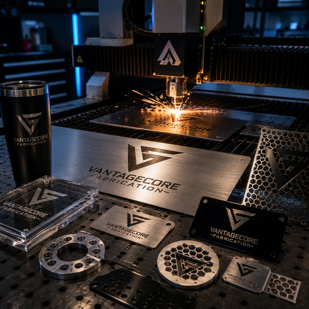 Laser cutting machine with Vantagecore Fabrication branding and metal components on a workbench.