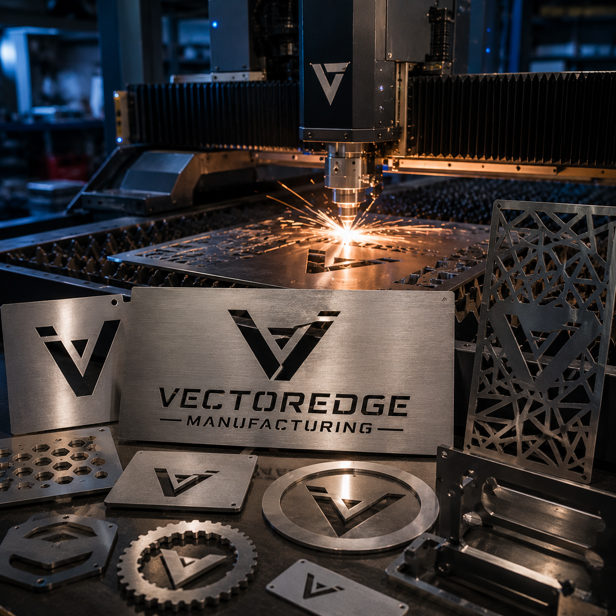 Laser cutting machine with Vectoredge Manufacturing branding in a workshop setting.