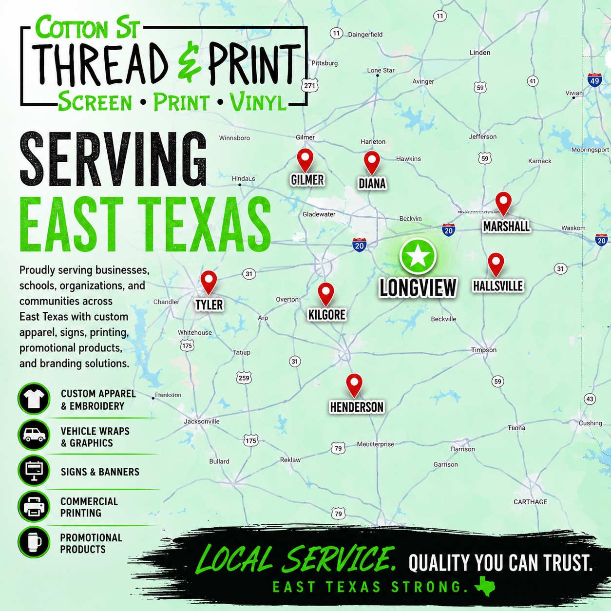 Map of East Texas with locations marked by red pins, featuring Cotton St. Thread & Print branding.
