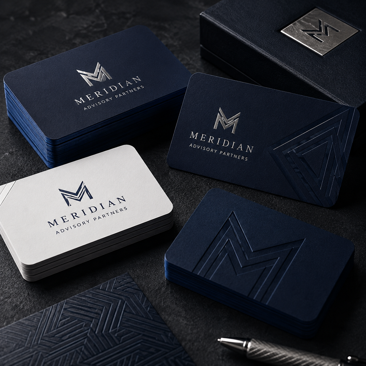 Meridian Advisory Partners business cards on a dark surface with a pen.