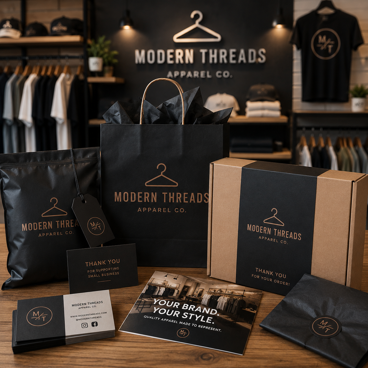 Modern Threads Apparel Co. branded packaging and merchandise on a wooden surface with store in the background.
