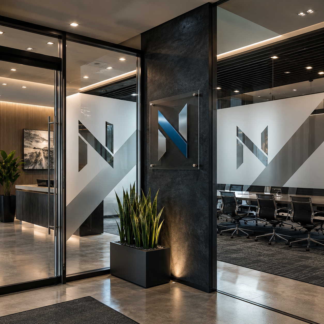 Modern office interior with glass doors and interior design elements.