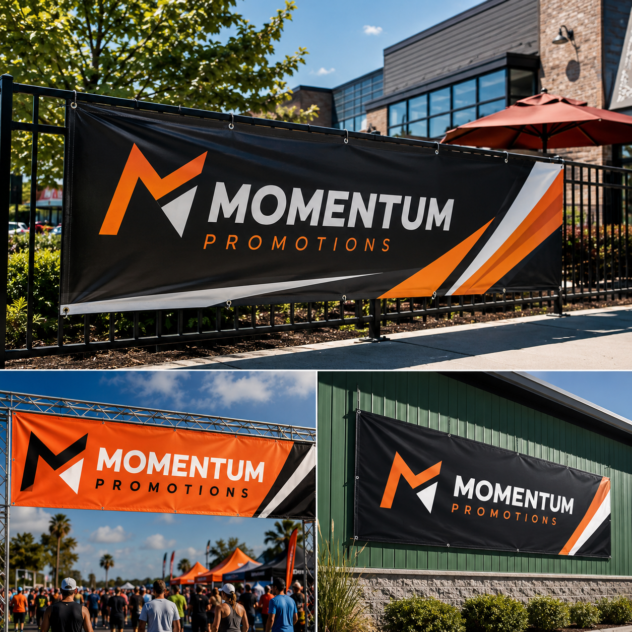 Momentum Promotions banner displayed outdoors with a building and trees in the background.