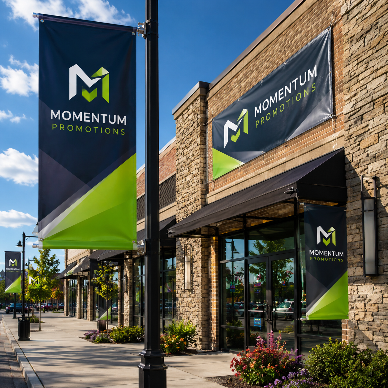 Momentum Promotions banners on a building exterior with clear blue sky.