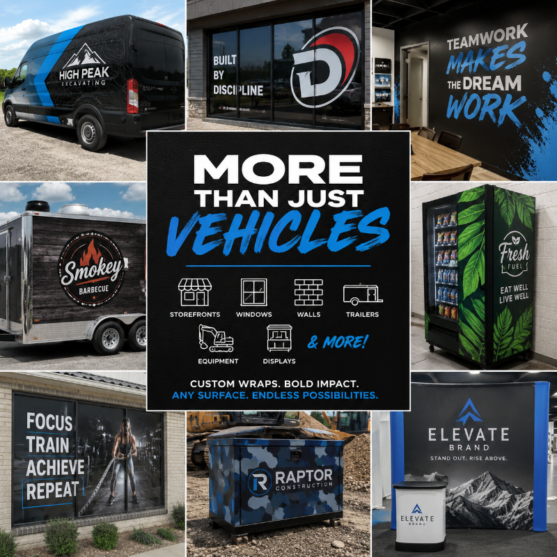 Collage of various branded vehicles and promotional materials with text about custom wraps and branding solutions.