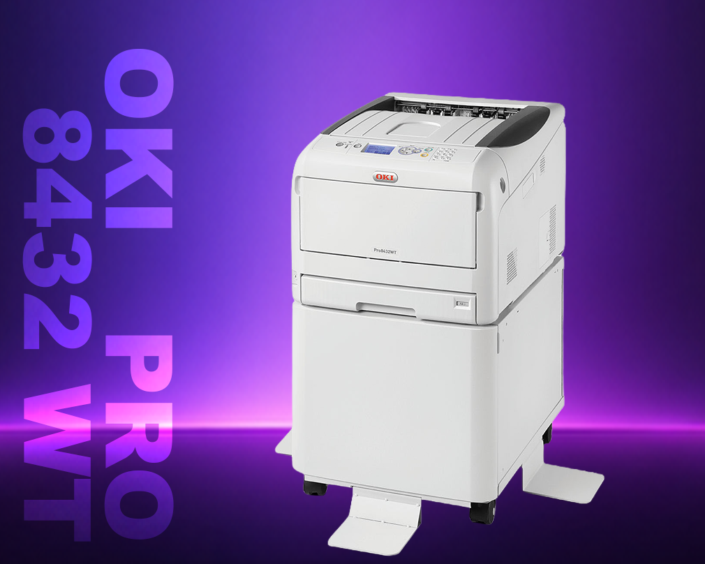 White printer with 'OKI' branding on a purple background