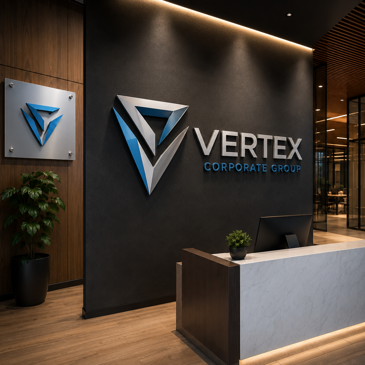 Office reception area with Vertex Corporate Group logo on a dark wall.