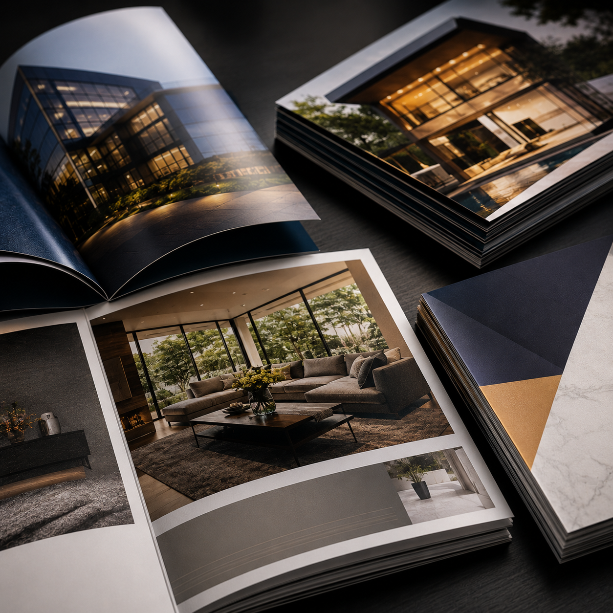 Open photo album displaying interior design images of modern homes.