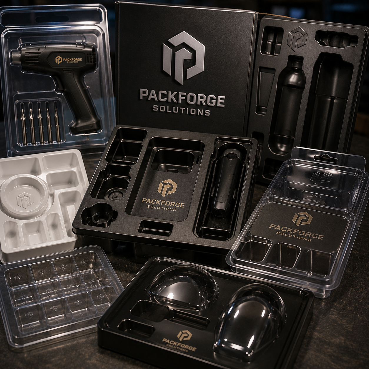 Packforce Solutions packaging with various items including a gun and tools.