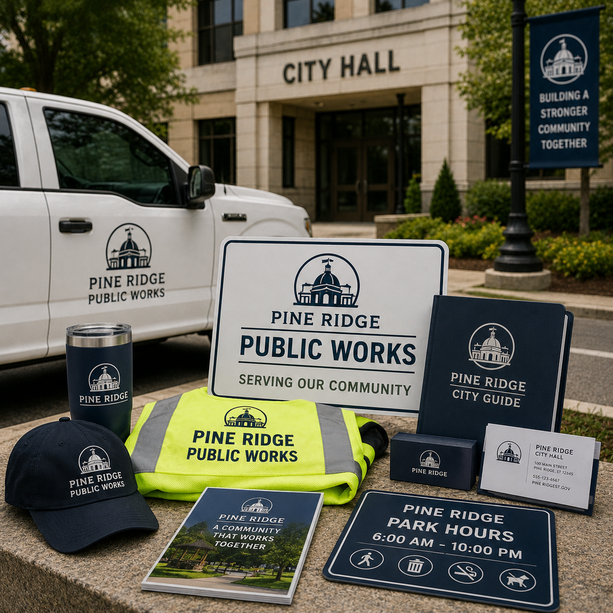 Pine Ridge Public Works branded items including a truck, sign, cap, and brochures in front of City Hall.