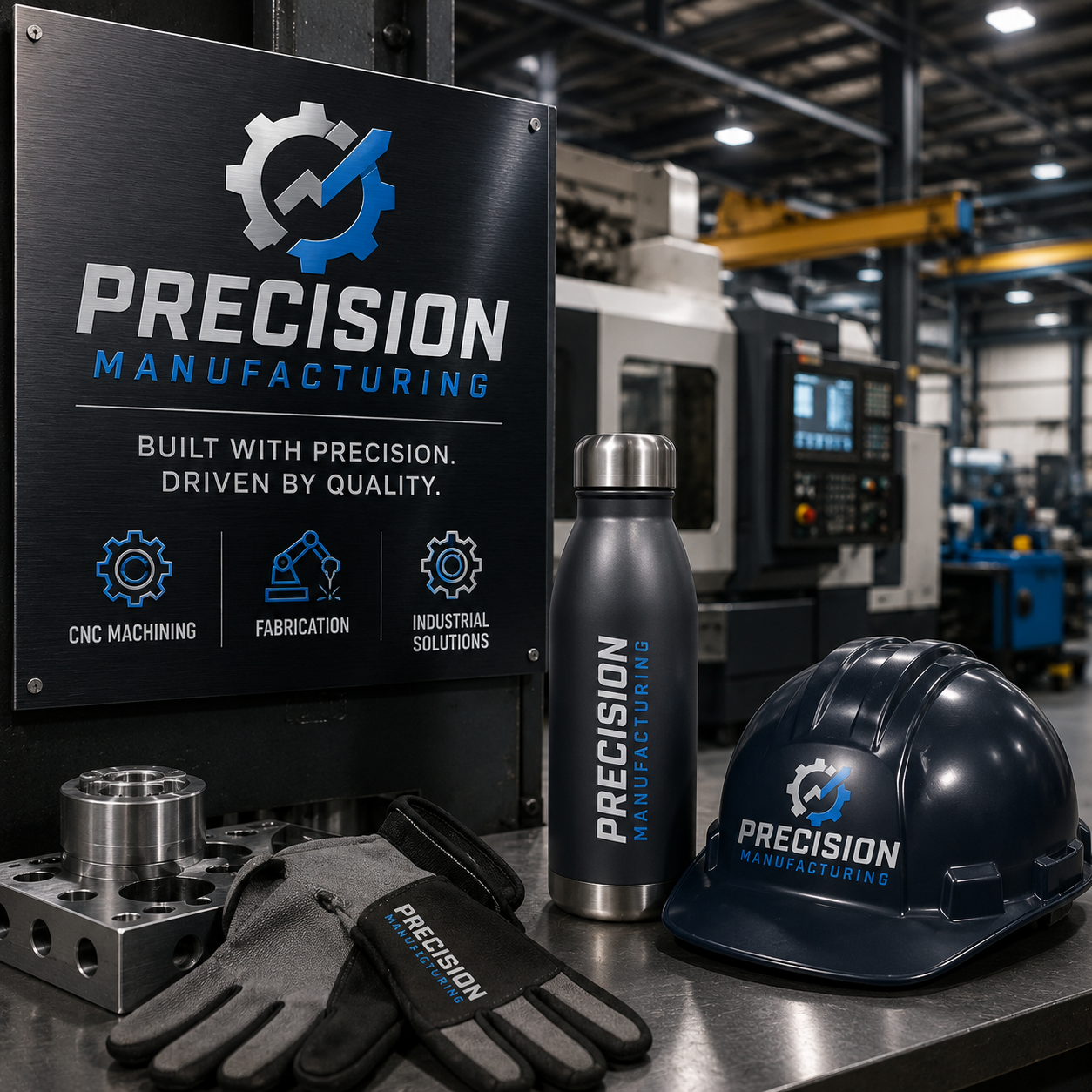 Precision Manufacturing branded items including a helmet, gloves, water bottle, and sign in an industrial setting.