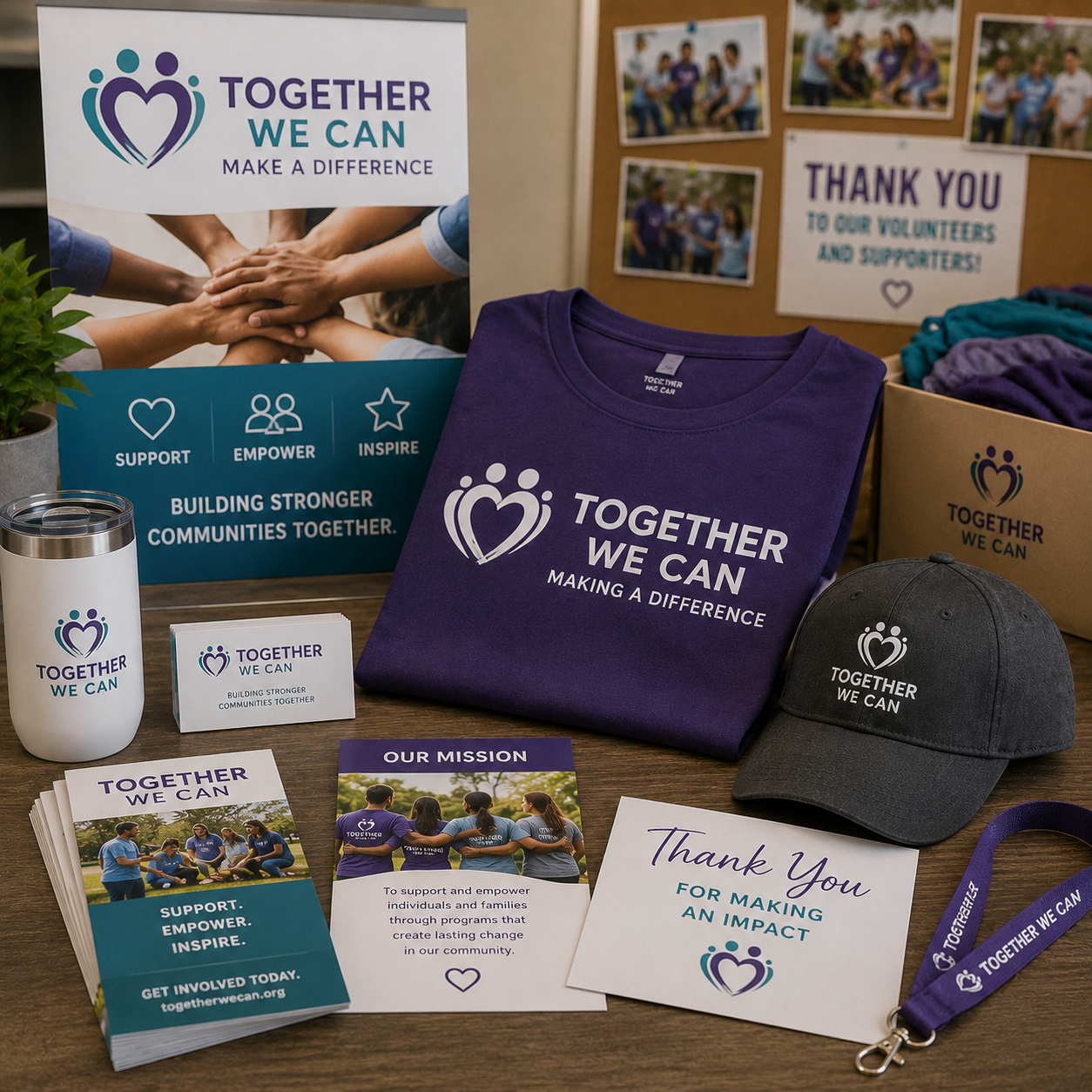Promotional materials for an organization with a purple t-shirt, cap, mug, and brochures on a table.