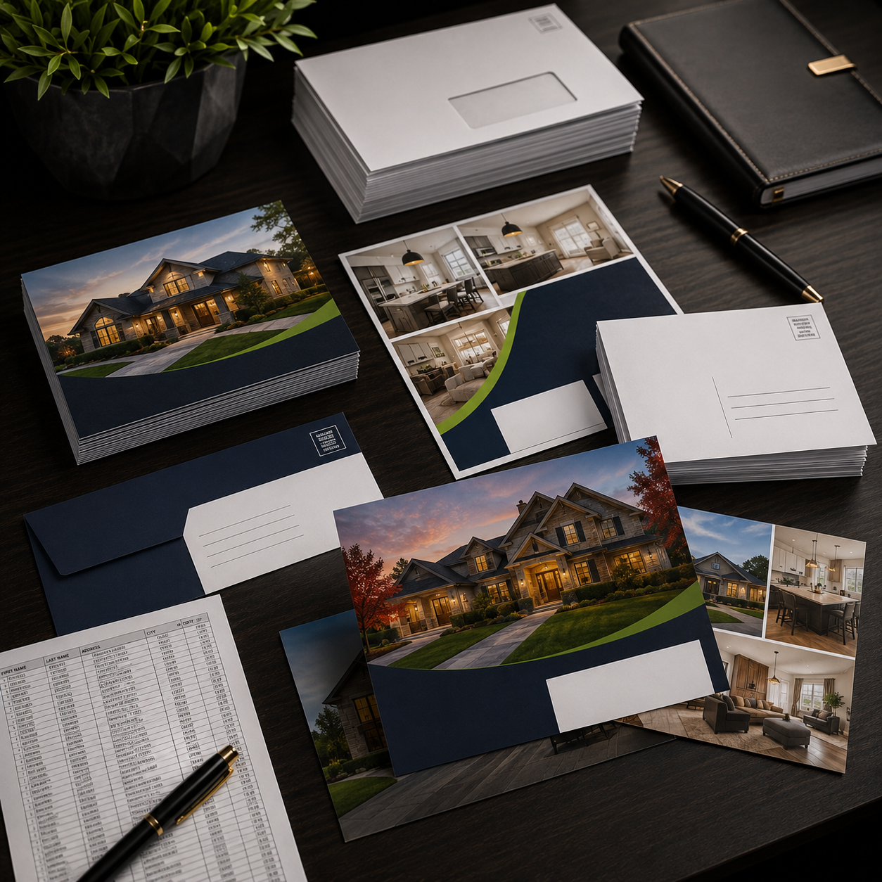 Real estate brochures, envelopes, and a pen on a dark surface with a plant in the corner.