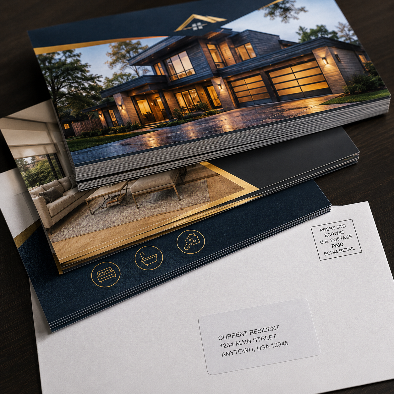 Real estate brochures with house and interior images on a table with an envelope.