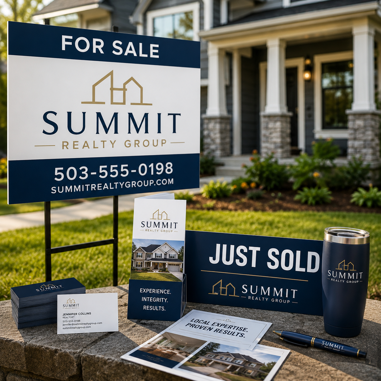 Real estate promotional materials including a 'For Sale' sign, 'Just Sold' sign, business cards, and brochures in front of a house.