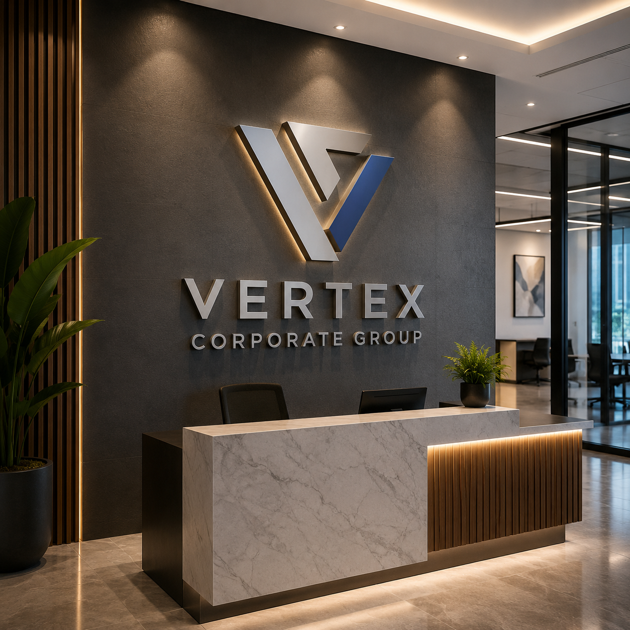 Reception area with 'Vertex Corporate Group' logo on a wall