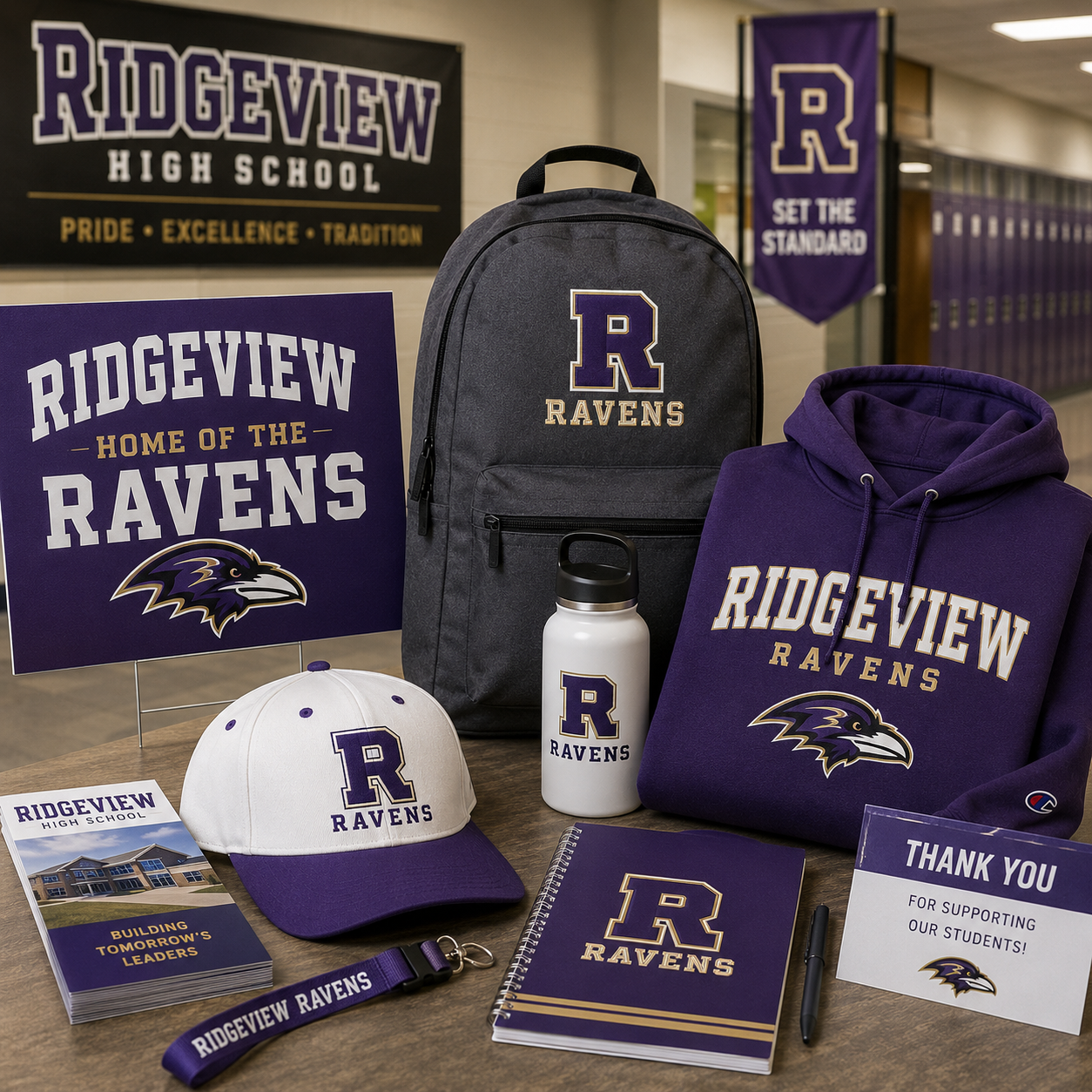 Ridgeview High School merchandise including a backpack, hoodie, hat, water bottle, and stationery items.