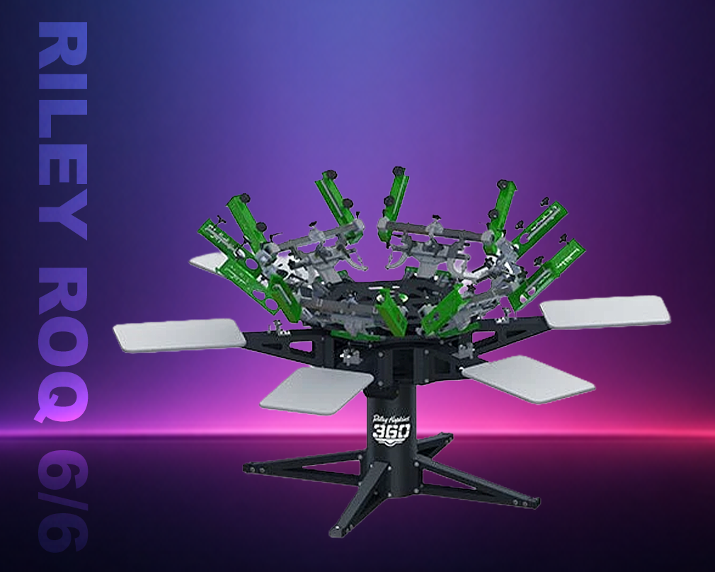 Mechanical device with green and silver components on a purple background, featuring the brand 'Riley ROQ'.
