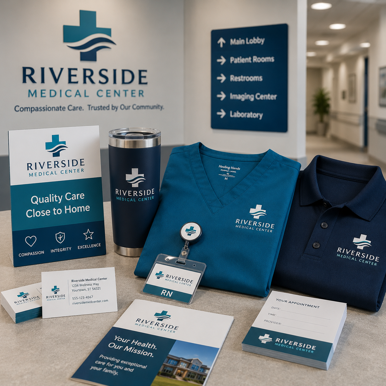 Riverside Medical Center promotional items including shirts, a mug, business cards, and brochures.