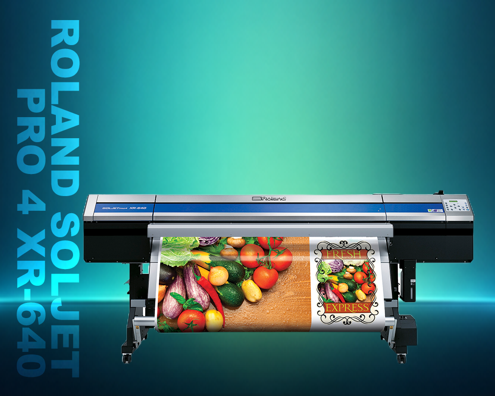 Roland Soljet Pro 4 XR-640 printer with digital display of fruits and vegetables on a teal background