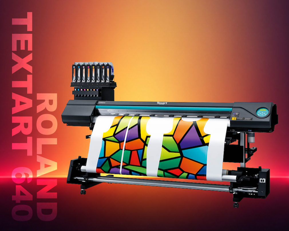 Roland Textart 640 printer with colorful output on a gradient background