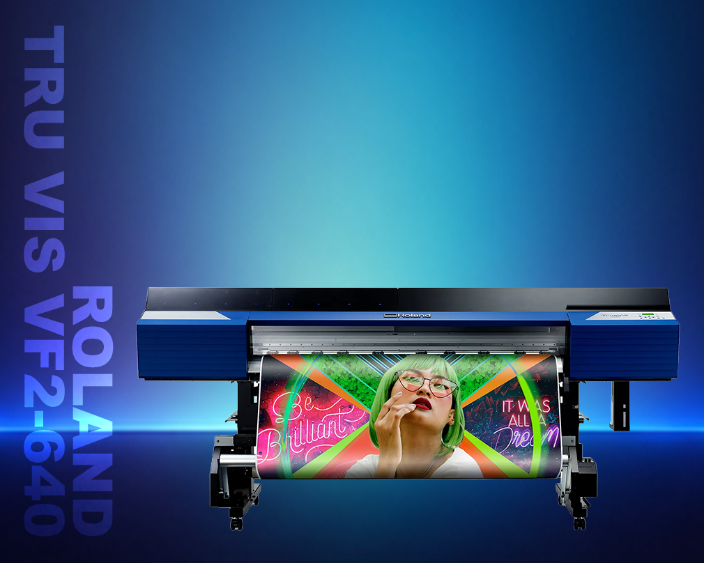 Roland Tru Vis VF2-640 printer with colorful design on a blue background