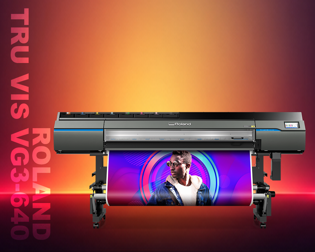 Roland printer with colorful display on a gradient background