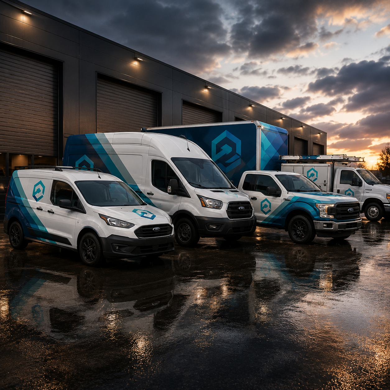 Row of delivery vans with a branded logo parked in front of a warehouse at sunset.