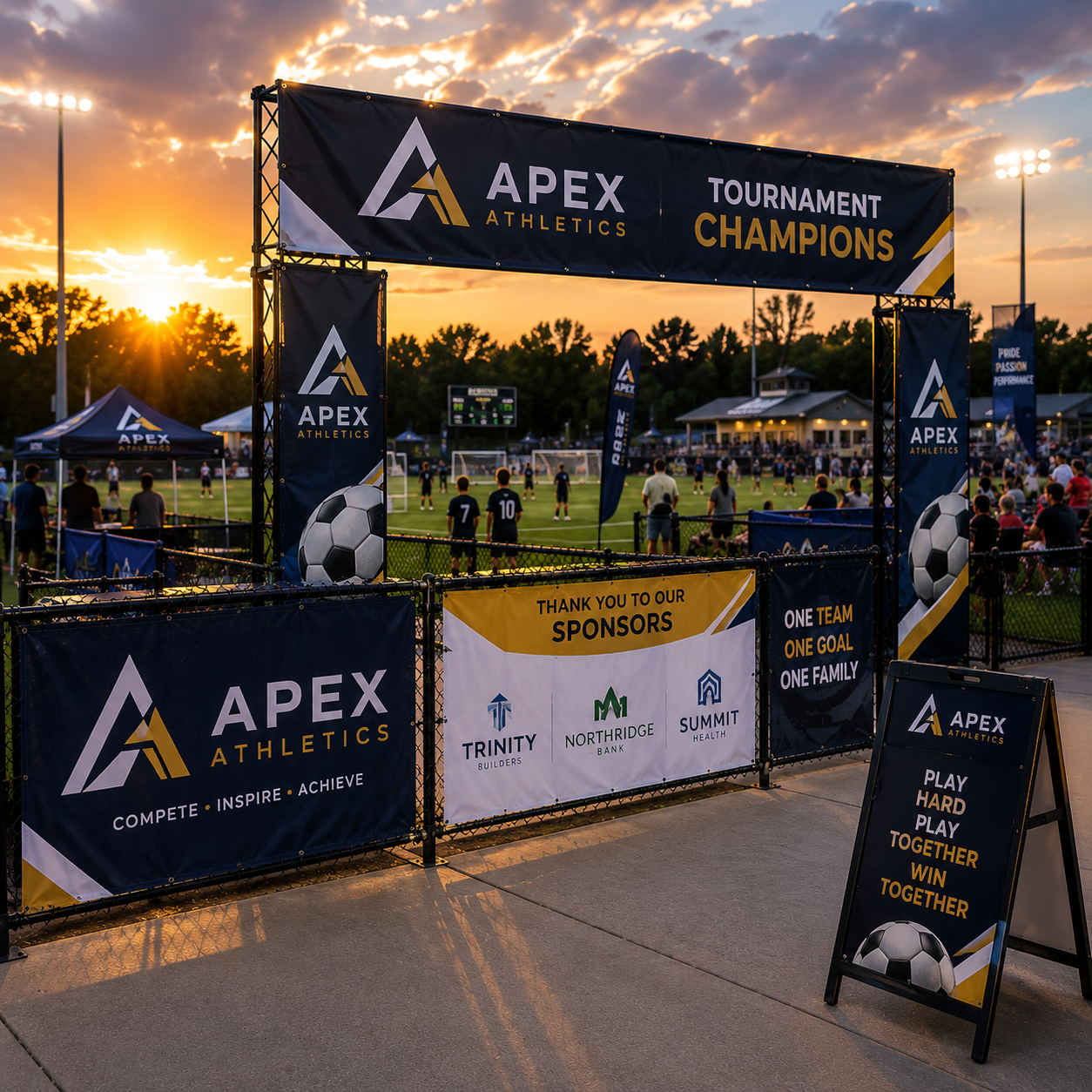 Soccer event with Apex Athletics branding and sunset in the background