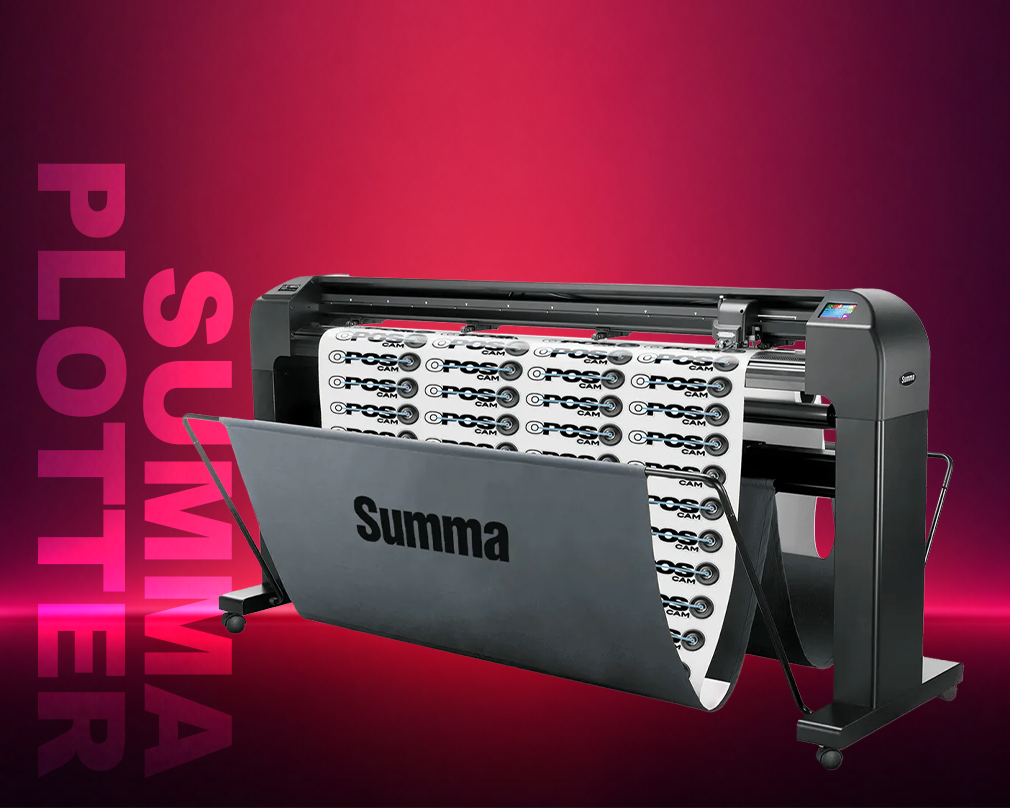 Summa plotter with a roll of paper on a red background