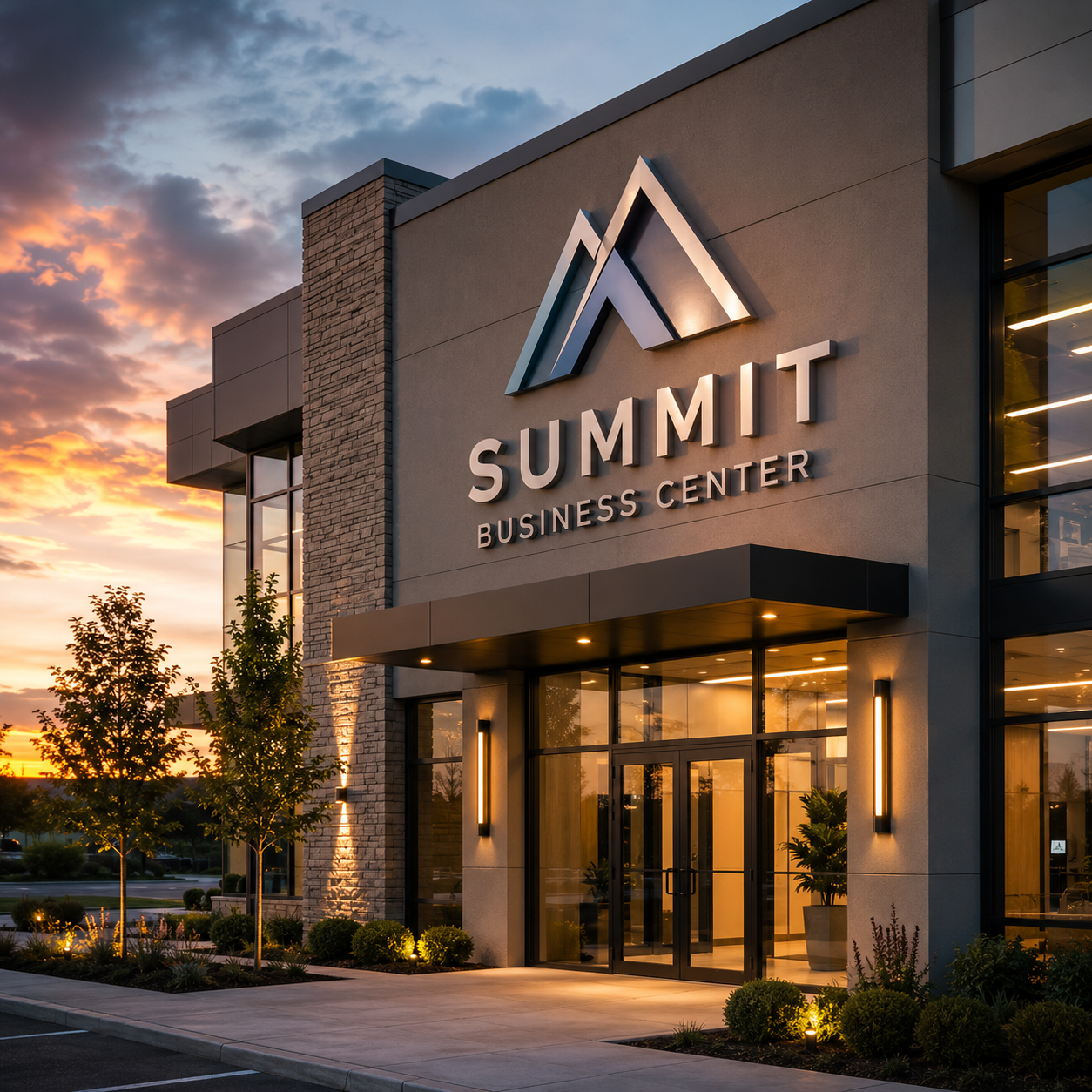 Summit Business Center building at dusk with illuminated sign and exterior lights.