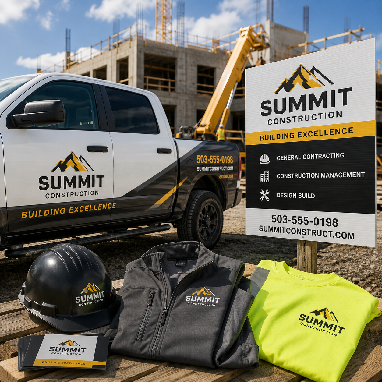 Summit Construction branded truck, helmet, jacket, and t-shirt with a construction site in the background.