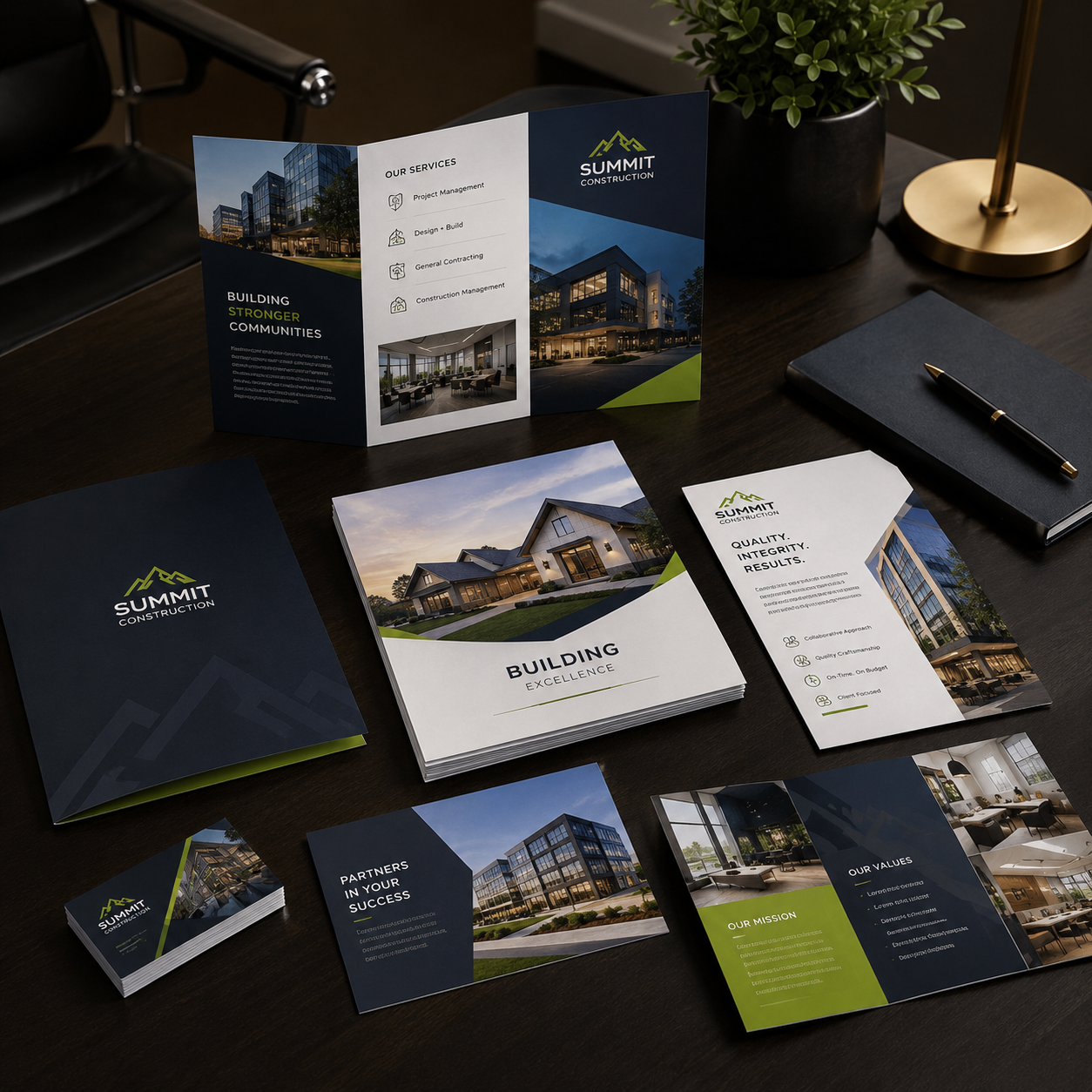 Summit Construction brochures and documents on a dark surface with a plant and pen.