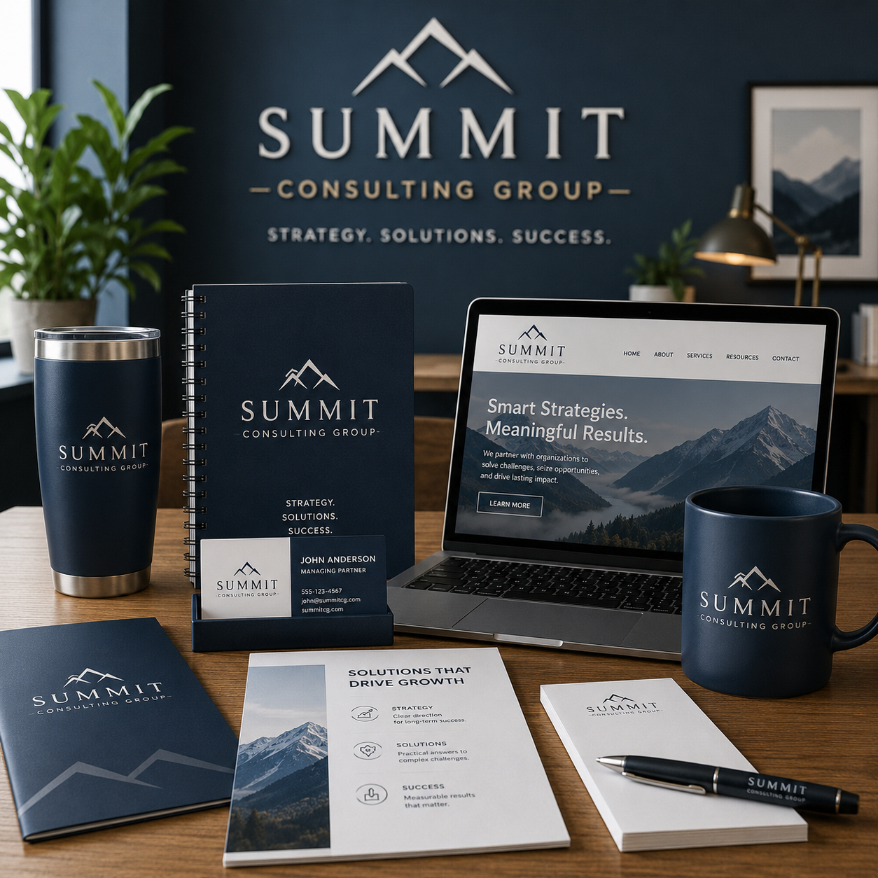 Summit Consulting Group branded materials including a laptop, mug, notebook, and pen on a desk.