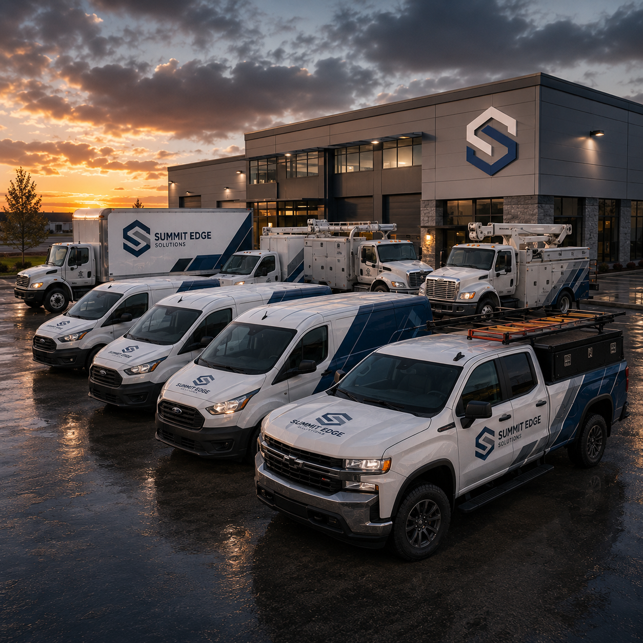 Summit Edge trucks and vans parked in front of a building with the company logo at sunset.