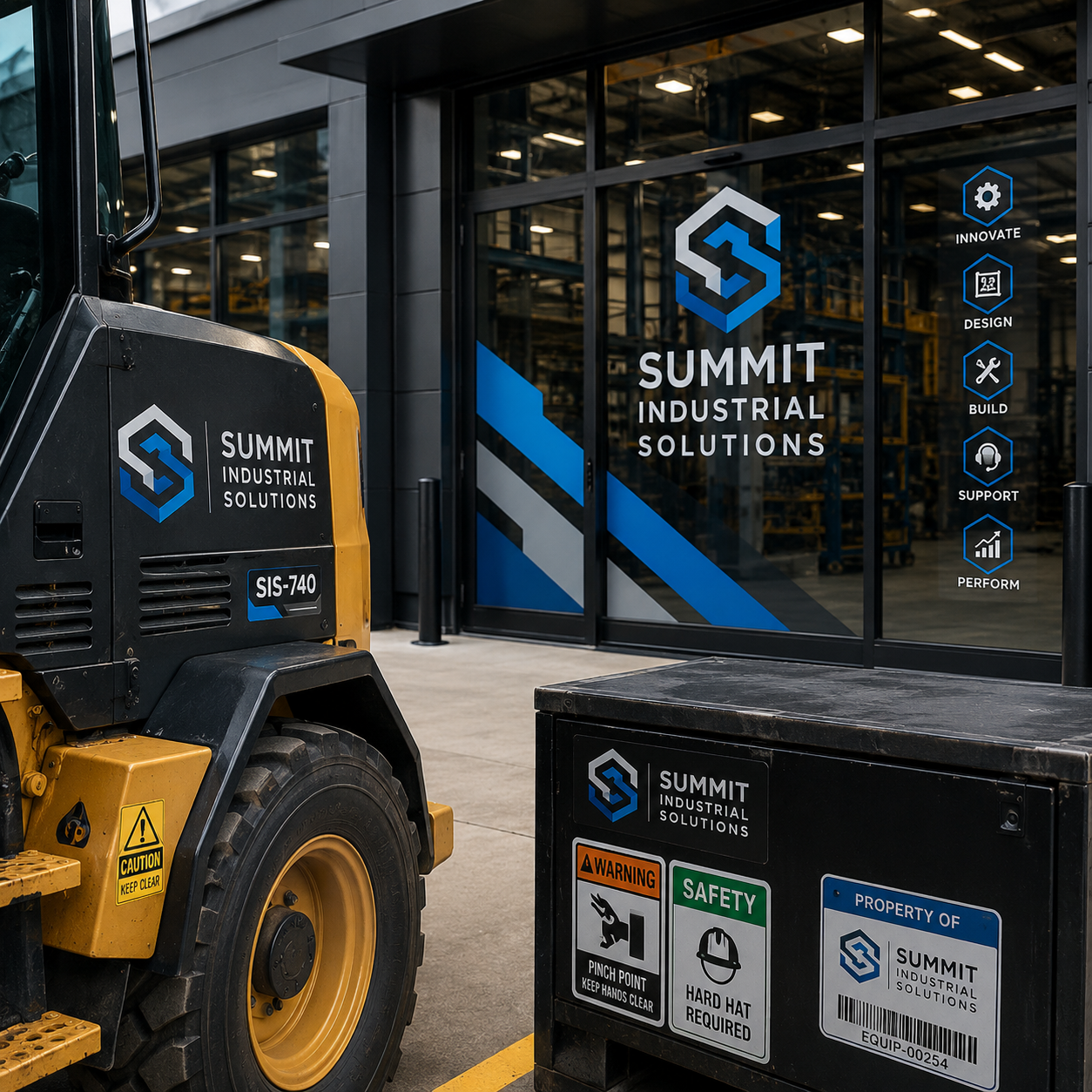 Summit Industrial Solutions equipment and branding displayed in front of a building entrance.