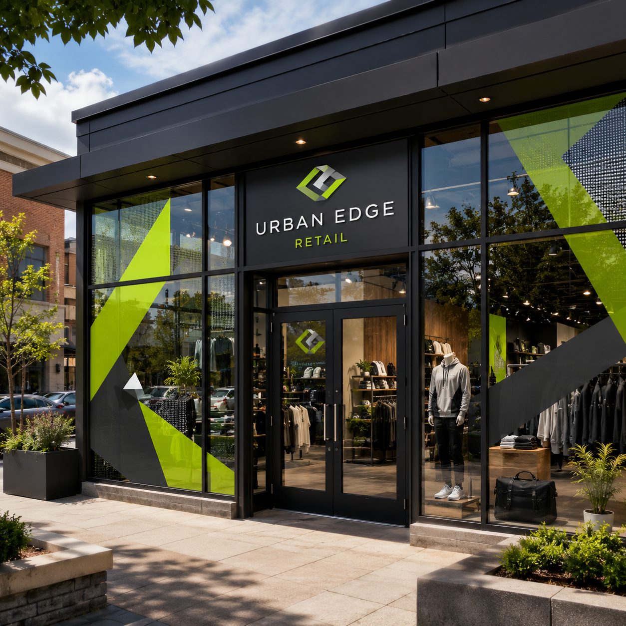 Urban Edge Retail store front with green and black design