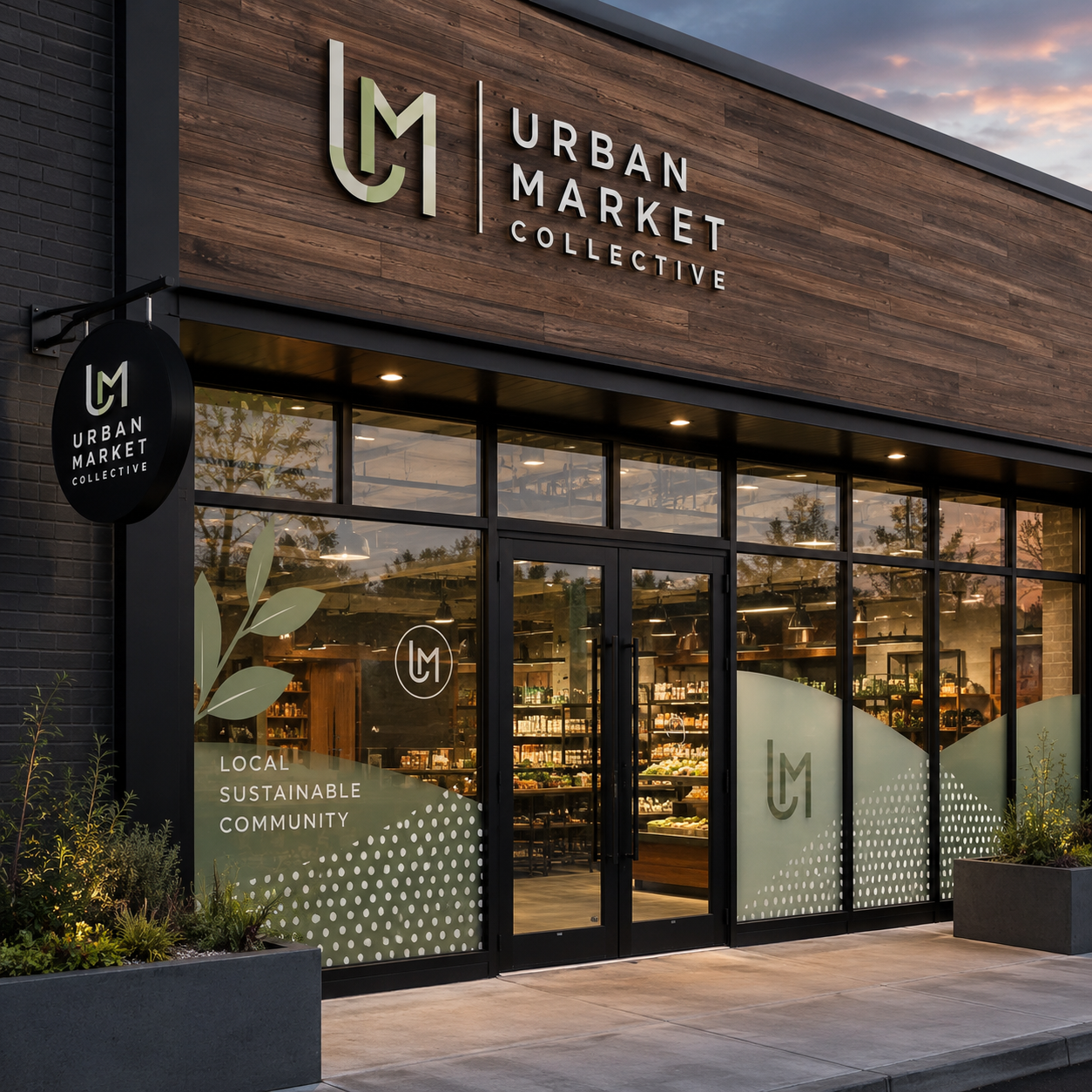 Urban Market Collective store front with wooden facade and glass windows.