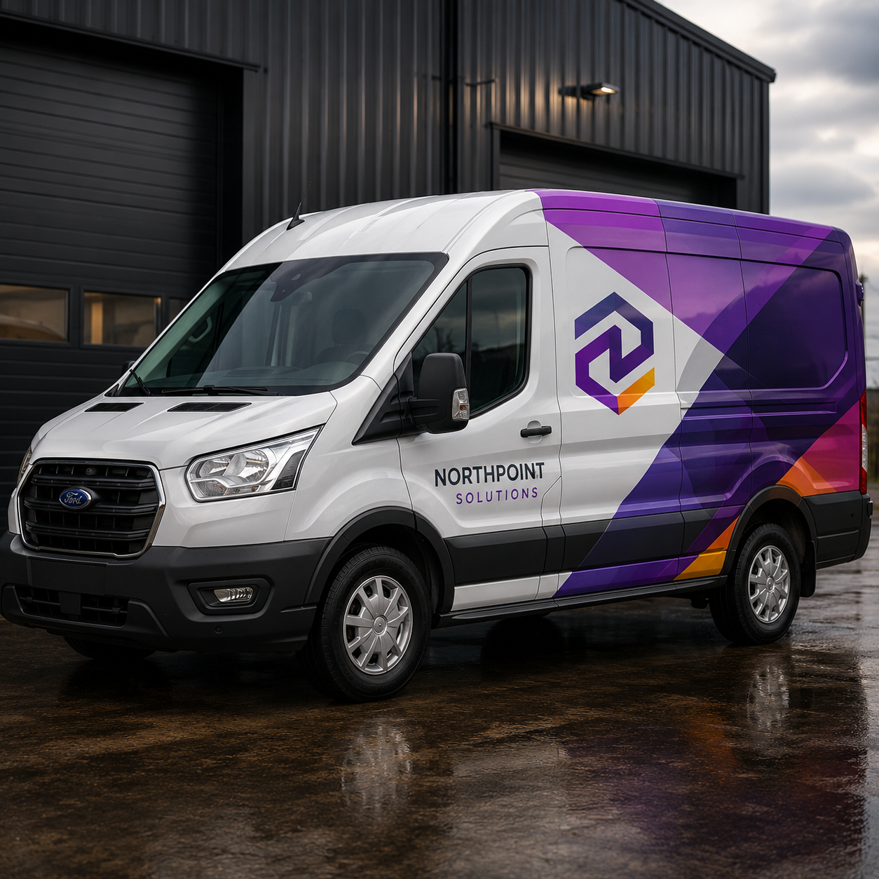 Van with Northpoint Solutions branding parked in front of a building